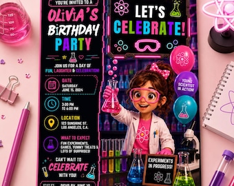 Girls Science Lab Birthday Invitation Template, Pink Scientist Party Invite, Editable Digital Canva Kids Experiment Printable Invite