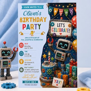 Roboter Geburtstag Einladung Vorlage, Digitale Einladung Bearbeitbar, Jungen Tech Party, Kinder Robot Canva Karte