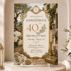 Pode incluir: Um cartão de convite retangular para festa de aniversário com uma moldura dourada ornamentada, ilustrações de ramos de oliveira e o texto Samantha's 40th Birthday Party, Saturday, August 16 at 7:00 PM, Rosewood Manor, 125 Heritage Lane, New York.