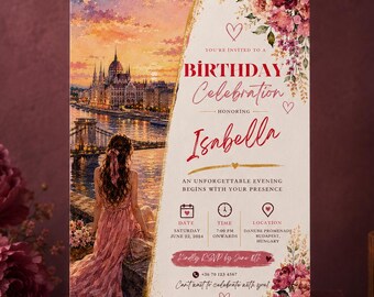 Budapest Sunset Birthday Invitation Template, Romantic Floral Canva Editable Adult Women Birthday Party Invite, Printable Digital Invite