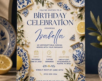 Mediterranean Lemon Blue Tile Birthday Invitation Template, Elegant Amalfi Garden Party Invite, Editable Canva Printable Digital Download