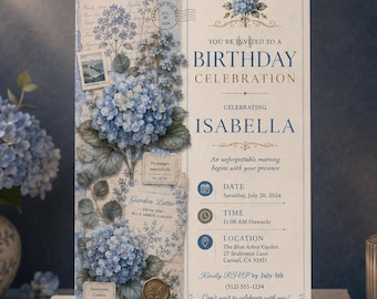 Blue Hydrangea Garden Letter Birthday Invitation Template, Botanical Adult Women Party Invite, Editable Canva Digital Download