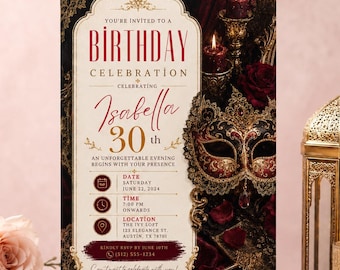 Plantilla Invitación 30 Cumpleaños, Invitación Mascarada Borgoña y Oro, Canva Editable, Descarga Digital