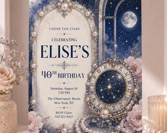 Celestial Zodiac 40th Birthday Invitation Template, Editable Women Party Invite, Pearl Moon Stars Digital Canva Printable Instant Download
