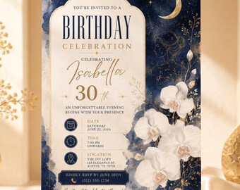 Celestial 30th Birthday Invitation Template, Navy Gold Moon Stars Party Invite, Editable Canva Orchid Milestone Invite for Women