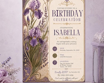 Plantilla Invitación Cumpleaños Iris Morado, Invitación Floral Elegante, Canva Editable, Fiesta Vintage Jardín