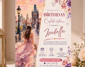 Verjaardagsuitnodiging Praag Charlesbrug, bewerkbare Canva sjabloon, romantische aquarel bloemen uitnodiging voor vrouwen digitaal printbaar
