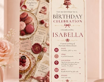 Raspberry Rose Birthday Invitation Editable Canva Template, Parisian Patisserie Macaron Party Invite for Women, Printable Digital Download