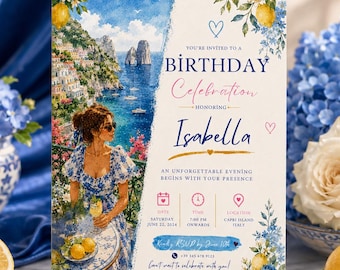 Zaproszenie Urodzinowe Cytryny Capri, Wybrzeże Amalfi Akwarela Dla Kobiet, Edytowalny Szablon Canva, Włoskie Lato Eleganckie Dla Niej Canva