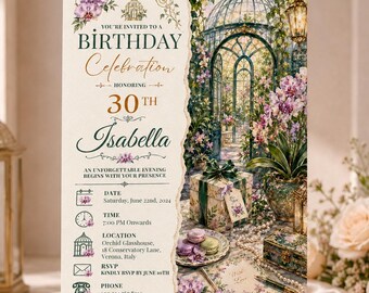 Bewerkbare Orchidee Serre 30e Verjaardag Uitnodiging Canva Sjabloon, Botanische Bloemenkaart voor Vrouwen, Digitale Download, Luxe Tuinfeest