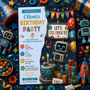 Op de afbeelding: Een kleurrijke uitnodiging voor een verjaardagsfeestje met een robotthema. De uitnodiging toont "Oliver's Birthday Party" en "Let's Celebrate!" samen met de evenementdetails. Het ontwerp bevat robots, ballonnen, een taart en cadeaudozen.