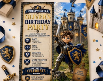 Knight Birthday Invitation Template, Boys Medieval Castle Party Invite, Editable Digital Canva Kids Royal Celebration Printable Invite