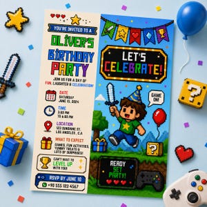 Op de afbeelding: Een verjaardagsuitnodiging in pixel-artstijl voor Oliver met een personage dat een zwaard vasthoudt, game-iconen en tekst met datum, tijd en locatie. Het ontwerp gebruikt een levendig kleurenpalet met blauwe, groene en gele elementen op een lichte achtergrond.