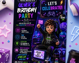 Gamer Birthday Invitation Editable Canva Template, Boy Video Game Party Invite, Neon Gaming Kids Digital Download Printable Card Instant