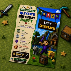 Op de afbeelding: Een rechthoekige verjaardagsuitnodiging met een gepixeld blokontwerp. De tekst luidt: You're invited to a Oliver's Birthday Party, Let's Celebrate, Date Saturday June 15, 2024, Time 3:00 PM to 6:00 PM, Location 123 Sunshine St. Los Angeles, C.A.