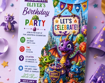 Dragon Birthday Invitation Editable Canva Template, Fantasy Castle Kids Party Invite, Boy Dragon Digital Download Printable Card, Instant