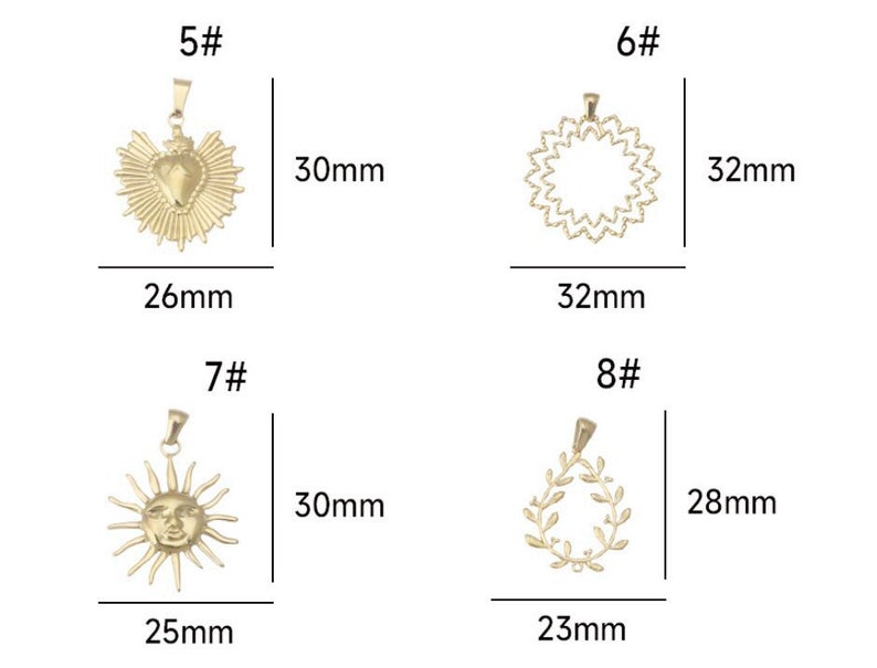 4 pendentifs soleil en acier inoxydable, breloques soleil, breloques coeur en plaqué or 18 carats, pendentifs de collier de forme géométrique en acier inoxydable, breloques DIY image 5