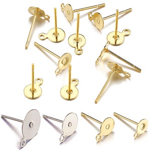 50/100Pcs Stainless Steel Ear Post, 4mm 5mm 6mm 8mm 10mm Stainless Steel Blank Earring Stud, Gold Ear Post with Loop for DIY Jewelry Making
