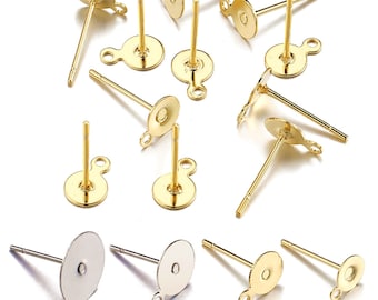 50/100Pcs  Stainless Steel Ear Post, 4mm 5mm 6mm 8mm 10mm Stainless Steel Blank Earring Stud, Gold Ear Post with Loop for DIY Jewelry Making