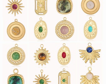 Pendentif rond en acier inoxydable, breloque en forme d'éventail, pendentifs soleil pavé de pierres précieuses, pendentif collier en acier inoxydable en or, breloques DIY