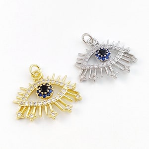 18K Gold Eye Pendant, Micro Pave Eye Charm Pendants, Rhodium Plated Brass Eye Pendant with CZ, DIY Jewelry Findings 21x24mm