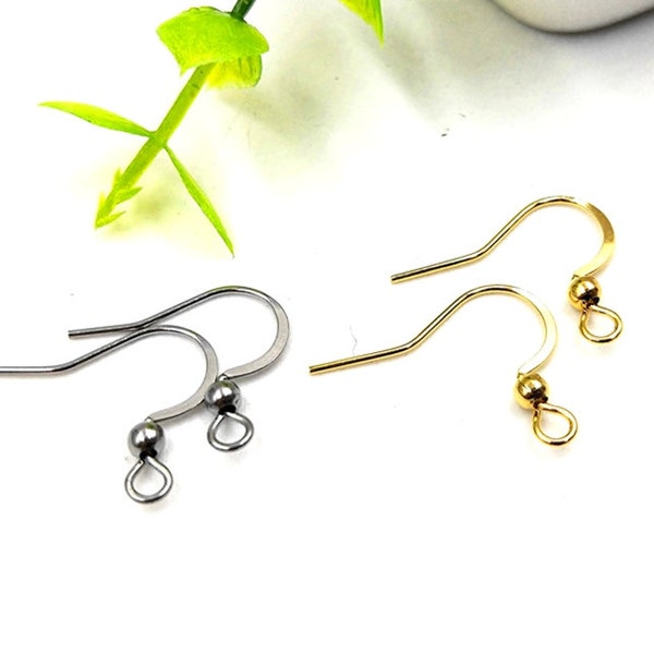 100pcs 18x16mm 316L Stainless Steel Ear Hooks, Flat Pressed Earring Hook with Ball, Gold Ear Hooks, Ear Wires, Jewlery Findings Supplies