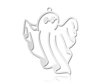 Pode incluir: Um recorte de metal branco de um fantasma com um design simples. O fantasma tem uma cabeça redonda e um corpo fluido.