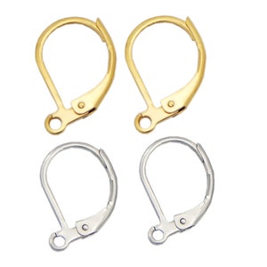 May include: Four earring hooks, two gold and two silver. The hooks are made of metal and have a spring-loaded clasp.