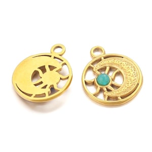 Stainless Steel Laser Sun Pendant, Moon Charm Pendant, Gold Round Moon Pendant, DIY Necklace Charms Jewelry Making 20mm