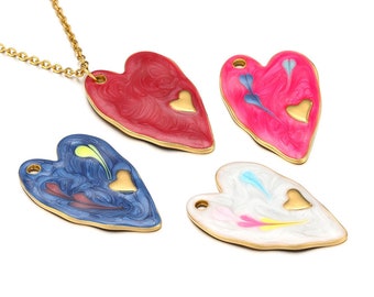 2 pièces pendentif coeur en acier inoxydable, breloque coeur en émail, pendentifs coeur plaqué or pour fabrication de bijoux 24x36 mm