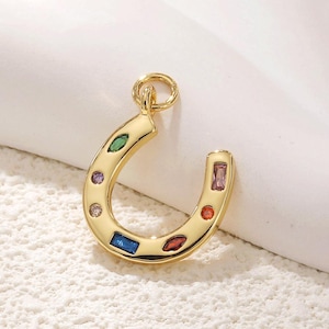 Puede incluir: Encanto de herradura de oro con piedras preciosas de colores. El encanto tiene un bucle en la parte superior para sujetarlo a un collar o pulsera.