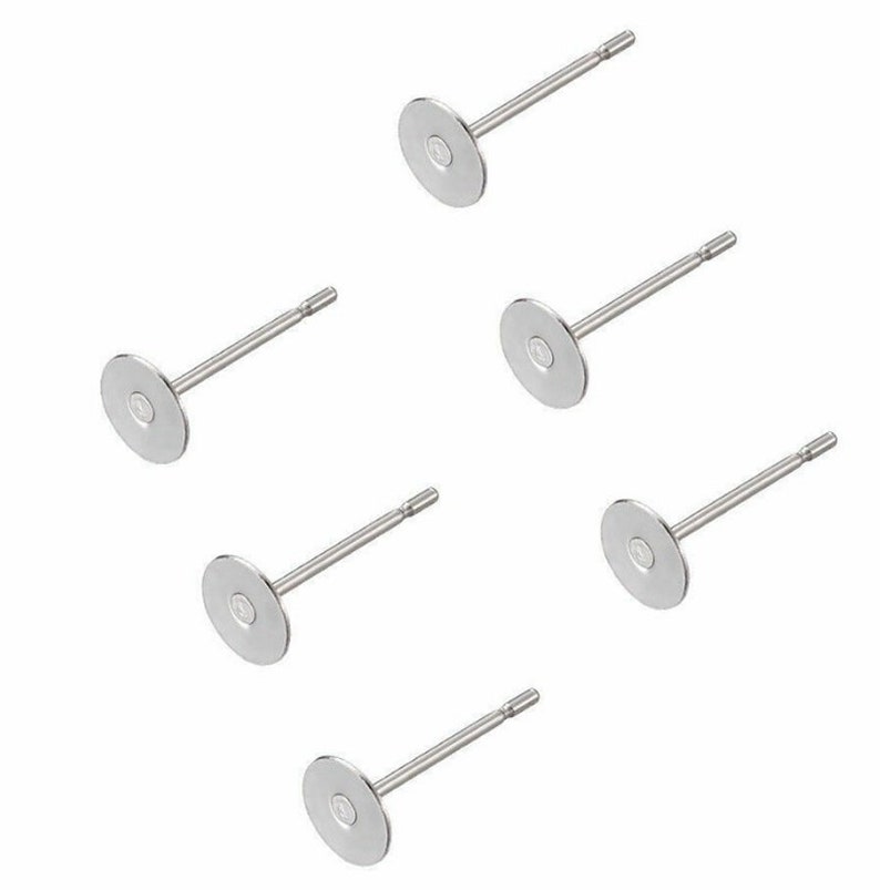 100pcs 3mm / 4mm / 5mm / 6mm / 8mm / 10mm / 12mm Pad Stainless Steel Blank Earring Stud Base Cabochon Settings, Steel Ear Post, DIY Jewelry Making imagen 2