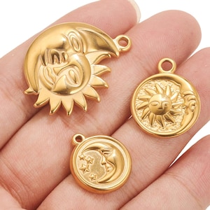 Stainless Steel Sun Pendant, Gold Sun Moon Charms, Sun Necklace Pendant, Moon Earring Charm for Jewelry Findings Wholesale Supplies