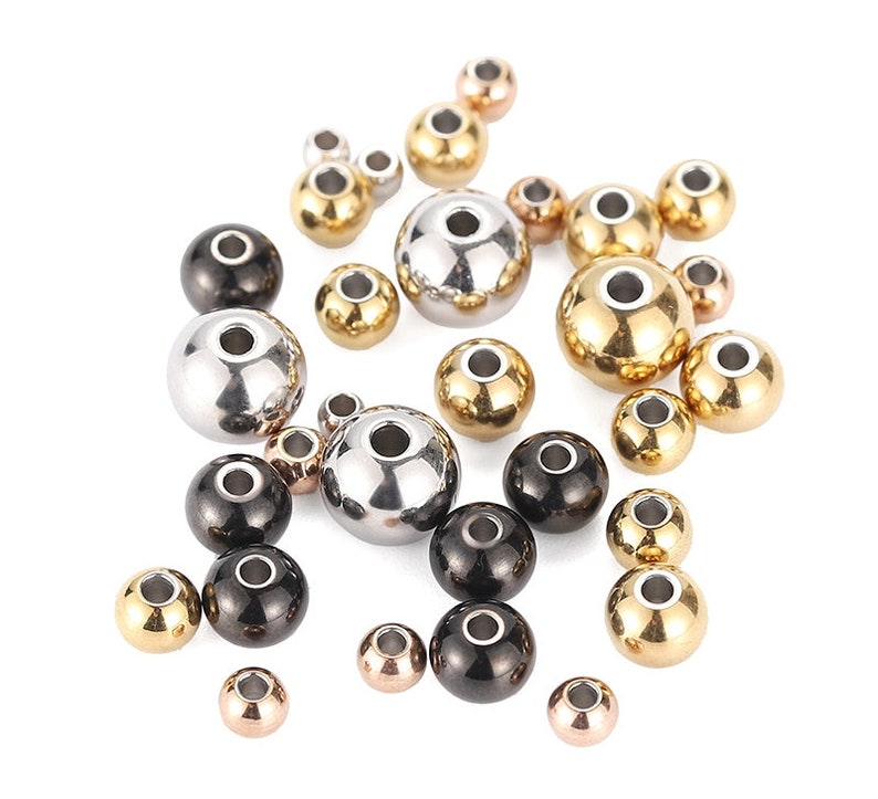 100Pcs 3mm 4mm 5mm 6mm 8mm 10mm Perles despacement en acier inoxydable, perles de boule dor, perles de boule noire Découvertes de bijoux Fournitures en gros image 7