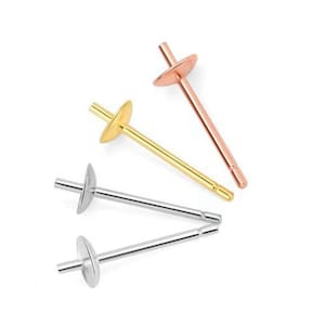 Può includere: Quattro perni per orecchini in oro, argento e oro rosa. Ogni perno ha un disco piatto e rotondo a un'estremità e un perno dritto per l'inserimento. Gli orecchini sono sparsi su uno sfondo bianco.