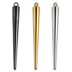 May include: Three metallic, cone-shaped bottle stoppers. One is black, one is gold, and one is silver. Each stopper has a small ring at the top. The stoppers are arranged vertically against a white background.