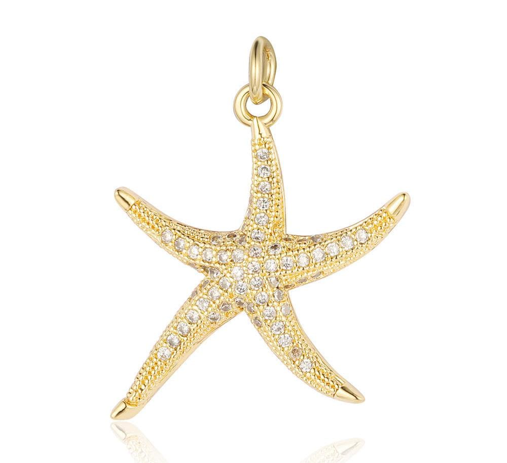 18K Gold Starfish Pendant, Micro Pave Starfish Charm Pendants, Brass Starfish Necklace Pendant with CZ, DIY Jewelry Findings 22x26mm
