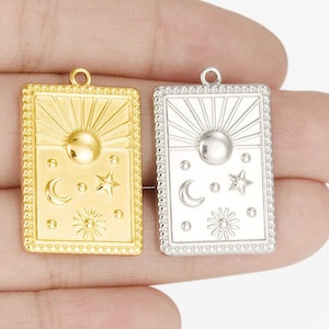 4Pcs Stainless Steel Sun Pendant, Gold Sun Moon Star Pendant, Rectangular Sun Necklace Charm Pendants for Jewelry Making 18x28mm