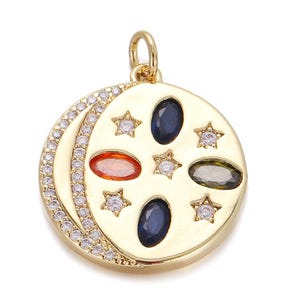 18K Gold Round Pendant, Micro Pave Round Star Moon Pendant, Brass Galaxy Pendant, Star Pendant, DIY Jewelry Findings 19mm