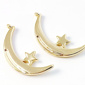 18K Gold Moon Charms, Brass Moon Pendant, Moon Star Pendant, Gold Moon Earring, Brass Necklace Pendant, Jewelry Supplies 10x23mm