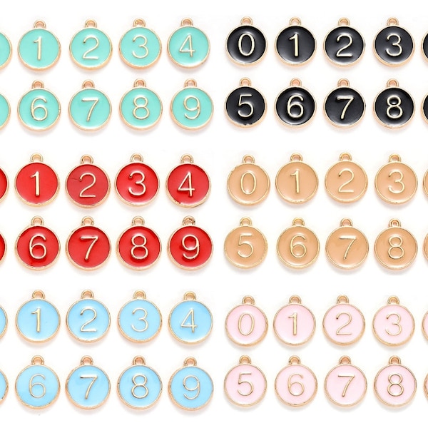 10Pcs 0 to 9 Number Charms, Double Sided Round Tag Charms, Number Tags, Enamel Pendants, Gold Enamel Number Pendants