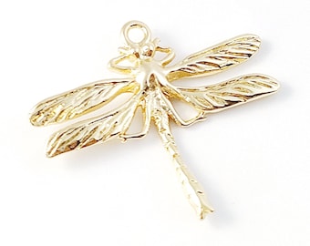 4Pcs 18K Gold Dragonfly Pendant, Dragonfly Charm Pendants, Brass Insect Necklace Pendant with CZ, DIY Jewelry Findings 22x24mm