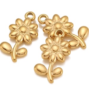 Stainless Steel Flower Pendant, Gold Flower Charms, Flower Necklace Pendant, Flower Earring Charm, Jewelry Findings Wholesale 11x21mm