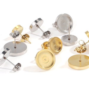 10pcs 6/8/10/12mm Stainless Steel Earring Studs, Earrings Blank, Ear Base, Earring Bezels Tray with Stopper Backs