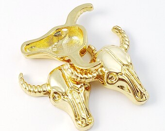 4Pcs 18K Real Gold Longhorn Pendant, Round Cow Skull Charms, Brass Cow Skull Necklace Pendant, DIY Jewelry Findings 20x22mm