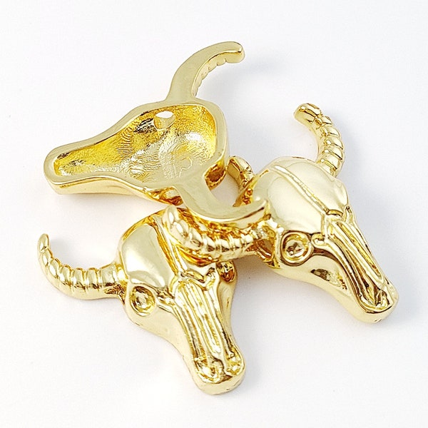 4Pcs 18K Real Gold Longhorn Pendant, Round Cow Skull Charms, Brass Cow Skull Necklace Pendant, DIY Jewelry Findings 20x22mm