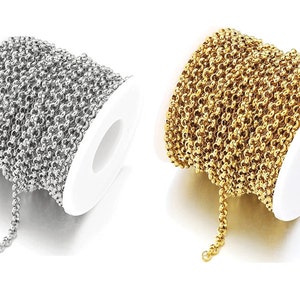 10 Feet Stainless Steel 4mm Rolo Chain, Tarnish Resistant Gold Silver Tone Big Rolo Link Chain for Necklace Bracelet Making