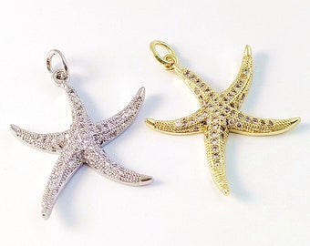 18K Gold Starfish Pendant, Micro Pave Starfish Charm Pendants, Brass Starfish Necklace Pendant with CZ, DIY Jewelry Findings 22x26mm
