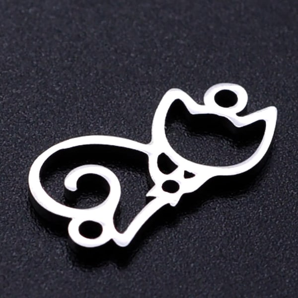 Stainless Steel Laser Cut Cat Pendant, Cat Charm, Gold Hallow Cat Earring, DIY Necklace Charms Jewelry Making 17x9mm