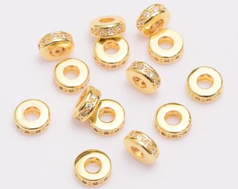 6stk 18K Echtgold überzogene Heishi Perle, Micro Pave Rad Perlen, Gold Spacer Perlen, Schmuck Trennperle mit Cubic Zirkonia